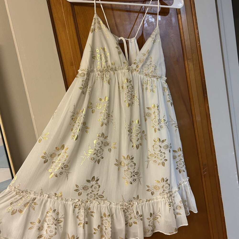 Lucy in the Sky White and Gold Tie-Back Mini Dress